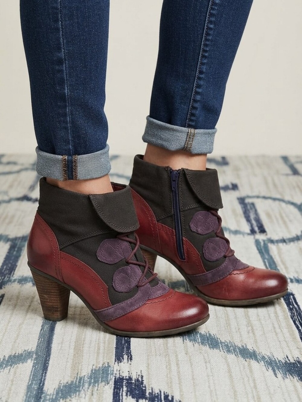 Dkode Two-Tone Leather Ankle Boots Women's EU 38 US 7.5 Side Zip Block Heel